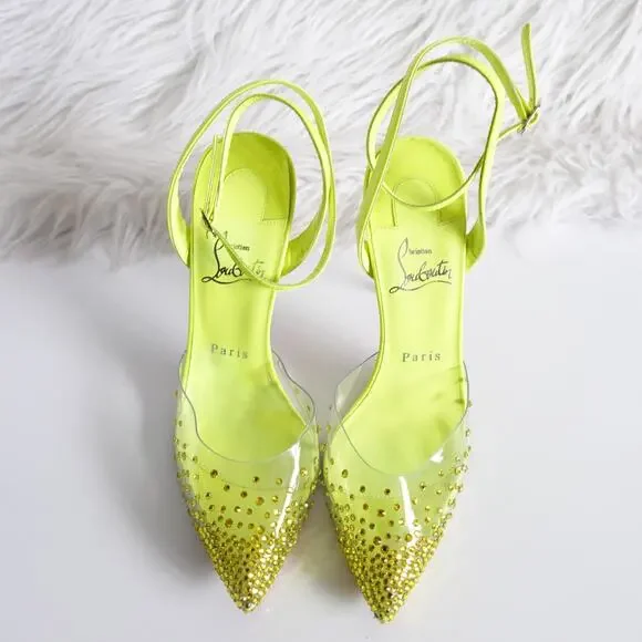 Christian Louboutin Spikaqueen 100 Crystal Neon Yellow Green Clear Pumps Size 37 - Picture 4 of 16